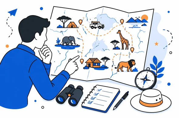 Flat semi-flat vector illustration of organized Kenya safari itinerary on a map with lodges and travel route, clean modern tech feel, faceless abstract characters, minimal background, Aid-Air palette.
