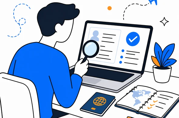 Flat semi-flat vector illustration, traveler reviewing Kenya ETA approval on laptop next to passport and travel notes, clean modern tech feel, faceless abstract characters, calm organized atmosphere, minimal background, Aid-Air palette.