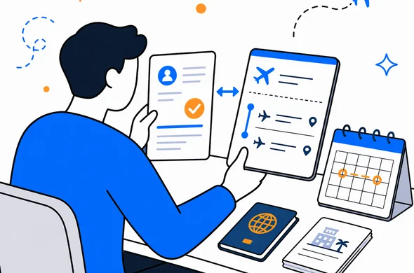 Flat semi-flat vector illustration, person comparing Kenya ETA approval with flight itinerary calendar and booking details, clean modern tech feel, faceless abstract characters, calm organized atmosphere, minimal background, Aid-Air palette.