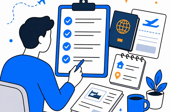 Flat semi-flat vector illustration, organized travel document checklist for Kenya ETA approval with passport, booking papers and calm workspace, clean modern tech feel, faceless abstract characters, minimal background, Aid-Air palette.