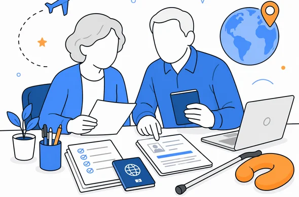 Flat semi-flat vector illustration, calm travel planning scene for an elderly traveler preparing Kenya ETA documents, abstract faceless characters, organized desk, passport papers and itinerary, clean modern tech feel, minimal background, Aid-Air palette
