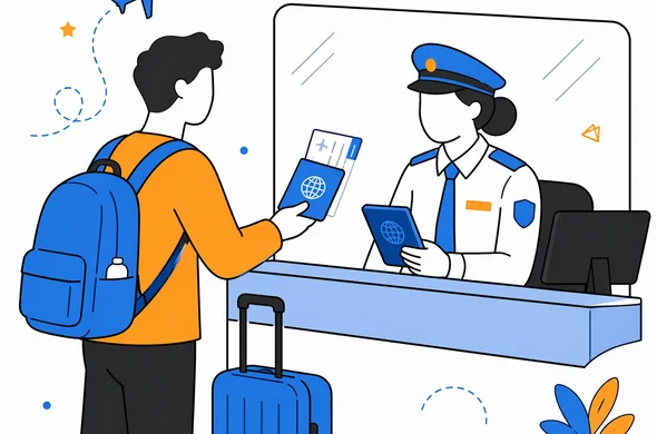 Flat semi-flat vector illustration of an airport border control desk, traveler presenting passport and travel documents, clean modern tech feel, faceless abstract characters, calm organized atmosphere, minimal background, Aid-Air palette.