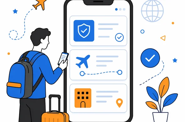 Flat semi-flat vector illustration of smartphone screen showing organized travel documents: entry approval, flight booking, accommodation details, clean modern tech feel, faceless abstract characters, calm organized atmosphere, minimal background, Aid-Air palette.