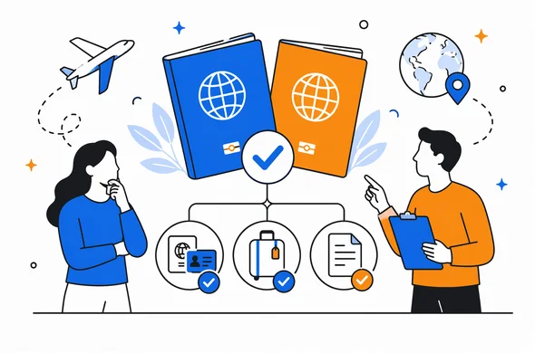 Flat semi-flat vector illustration of organized travel documents with two passports and a clear decision flow, faceless abstract characters, calm organized atmosphere, minimal background, Aid-Air palette