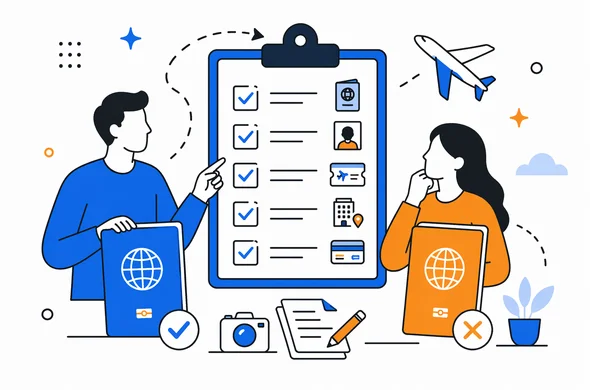 Flat semi-flat vector illustration of a clean checklist before filling a travel authorization application, one passport selected and one set aside, faceless abstract characters, calm organized atmosphere, minimal background, Aid-Air palette