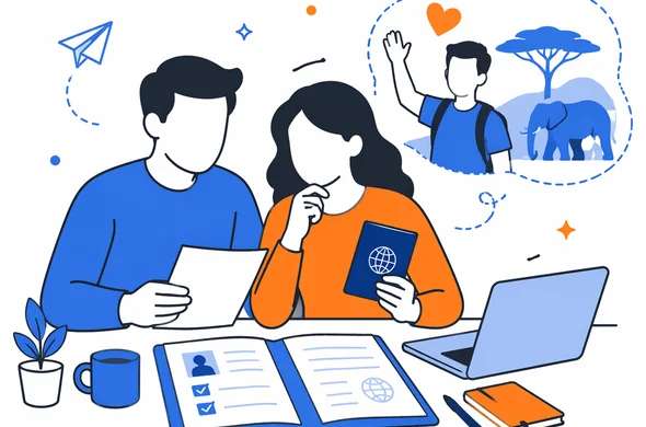 Flat semi-flat vector illustration of parents preparing travel documents for a visit to Kenya, clean modern tech feel, faceless abstract characters, calm organized atmosphere, minimal background, Aid-Air palette.