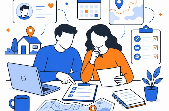 Flat semi-flat vector illustration of organized travel planning with host details, address notes and itinerary checks for Kenya ETA, clean modern tech feel, faceless abstract characters, calm organized atmosphere, minimal background, Aid-Air palette.