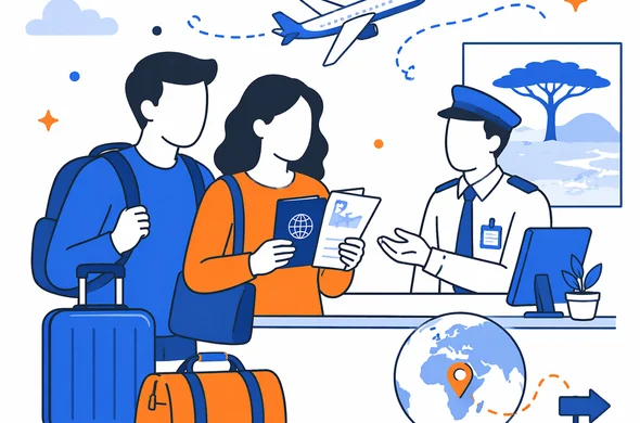 Flat semi-flat vector illustration of calm arrival preparation for Kenya with travel documents ready, clean modern tech feel, faceless abstract characters, organized atmosphere, minimal background, Aid-Air palette.