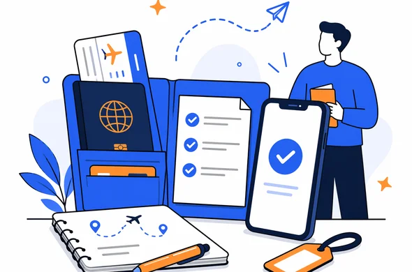 Flat semi-flat vector illustration of organized travel documents for Kenya entry, passport, phone with approval, itinerary notes, calm organized atmosphere, faceless abstract characters, minimal background, Aid-Air palette