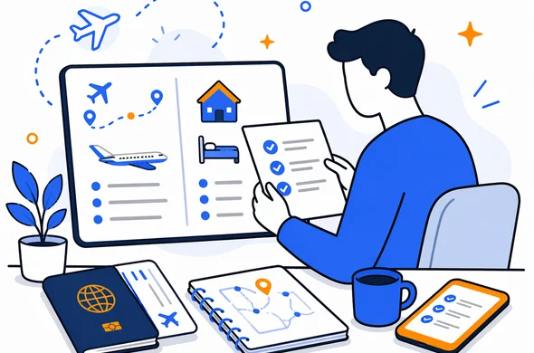 Flat semi-flat vector illustration of traveler reviewing flight itinerary and accommodation details before Kenya entry, calm organized scene, faceless abstract character, modern tech feel, minimal background, Aid-Air palette
