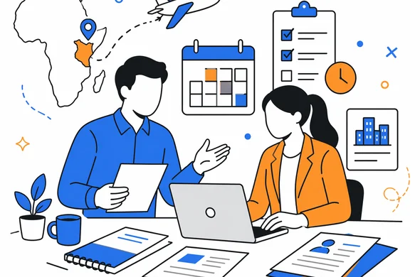 Flat semi-flat vector illustration, clean modern tech feel, faceless abstract characters planning a Kenya business trip with laptop documents calendar and itinerary, calm organized atmosphere, minimal background, Aid-Air palette.