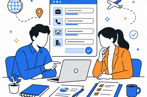 Flat semi-flat vector illustration, clean modern tech feel, faceless abstract characters reviewing a digital visa form with employment phone email and company details, calm organized atmosphere, minimal background, Aid-Air palette.
