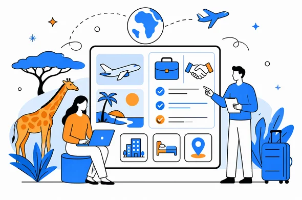 Flat semi-flat vector illustration, modern travel planning dashboard for a mixed business and leisure trip to Kenya, faceless abstract characters, clean modern tech feel, calm organized atmosphere, minimal background, Aid-Air palette.