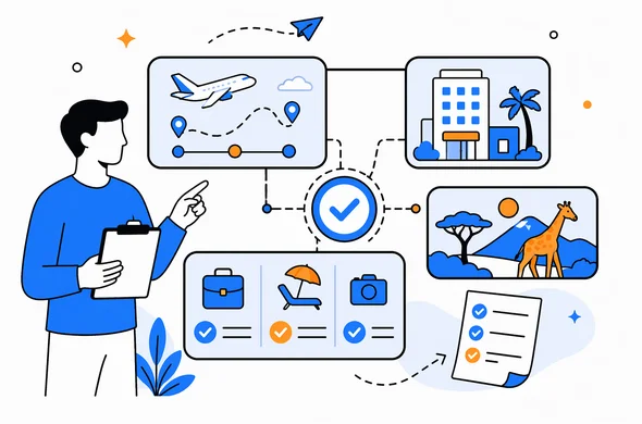 Flat semi-flat vector illustration of a consistency check between itinerary, accommodation and travel purpose for Kenya ETA, faceless abstract characters, clean modern tech feel, calm organized atmosphere, minimal background, Aid-Air palette.
