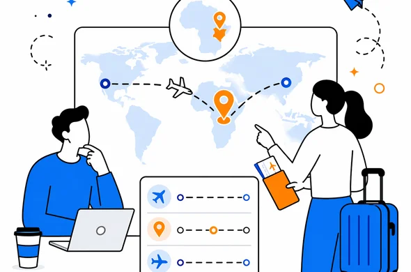 Flat semi-flat vector illustration of an air travel itinerary with a stopover in Kenya, clean modern tech feel, faceless abstract characters, calm organized atmosphere, minimal background, Aid-Air palette