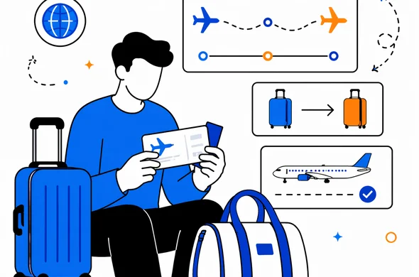 Flat semi-flat vector illustration of a traveler reviewing boarding pass, baggage transfer and connecting flight details, clean modern tech feel, faceless abstract characters, calm organized atmosphere, minimal background, Aid-Air palette