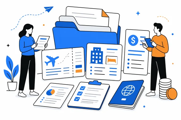 Flat semi-flat vector illustration of organized travel documents, flight confirmation, hotel reservation, and financial papers neatly arranged on a desk, calm modern tech style, faceless abstract characters, minimal background, Aid-Air palette.