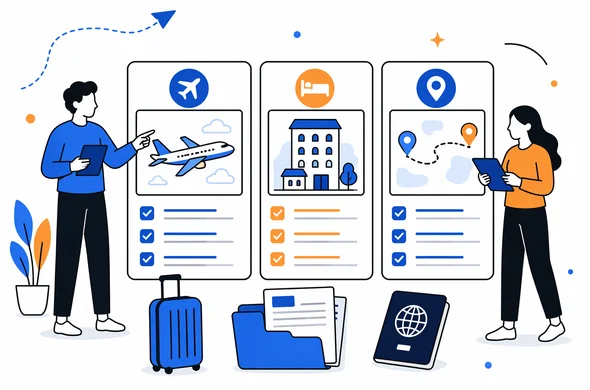 Flat vector comparison scene of flight confirmation, accommodation booking, and travel itinerary documents side by side, clean modern interface feel, abstract faceless characters, minimal background, Aid-Air palette.