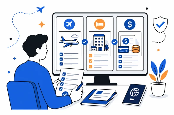 Minimal flat vector scene of final document review before visa application, matching flight, accommodation and finance documents on screen, calm organized atmosphere, faceless abstract characters, Aid-Air palette.