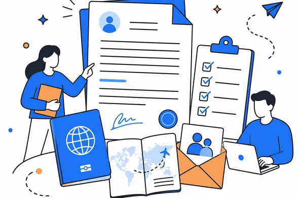 Flat semi-flat vector illustration of organized travel documents for a Kenya ETA application, invitation letter, passport, checklist, calm modern tech feel, faceless abstract characters, minimal background, Aid-Air palette.