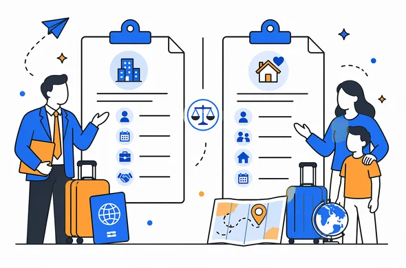 Flat semi-flat vector comparison graphic between business invitation letter and family host invitation letter for Kenya travel, clean modern layout, faceless abstract characters, organized documents, minimal background, Aid-Air palette.