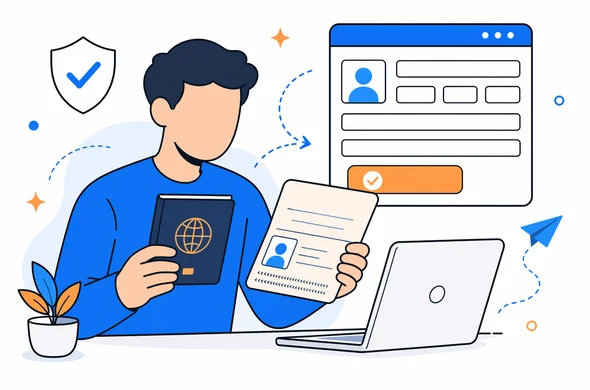 Flat semi-flat vector illustration of a traveler checking personal details against a passport before filling an ETA form for Kenya, clean modern tech feel, faceless abstract characters, calm organized atmosphere, minimal background, Aid-Air palette