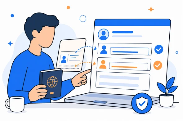 Flat semi-flat vector illustration of a digital form with first name and last name fields being checked against a passport, clean modern tech feel, faceless abstract characters, calm organized atmosphere, minimal background, Aid-Air palette
