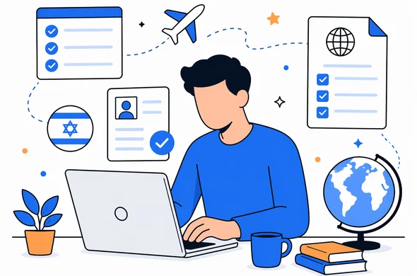Flat semi-flat vector illustration, Israeli traveler living abroad reviewing Kenya ETA documents on laptop, faceless abstract characters, calm organized atmosphere, minimal background, clean modern tech feel, Aid-Air palette