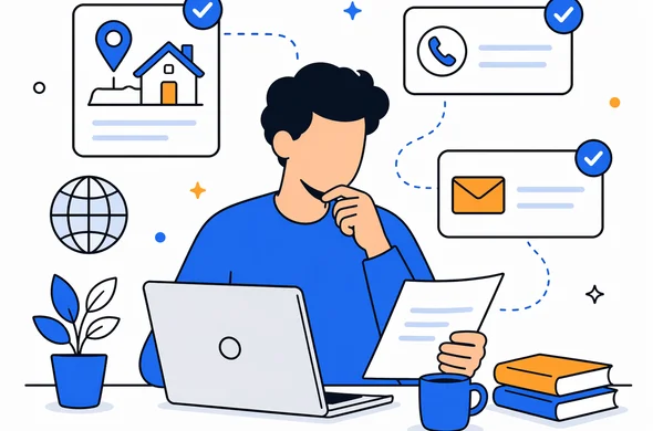 Flat semi-flat vector illustration of a traveler comparing address, phone and email details for a Kenya ETA application, faceless abstract characters, clean modern tech feel, minimal interface elements, calm organized atmosphere, Aid-Air palette