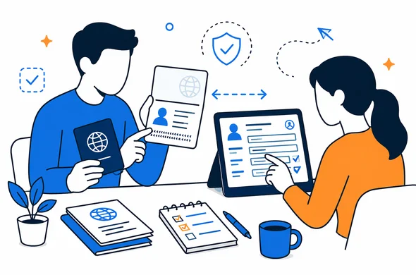 flat semi-flat vector illustration, clean modern tech feel, faceless abstract characters comparing passport details and digital application fields, calm organized atmosphere, minimal background, Aid-Air palette