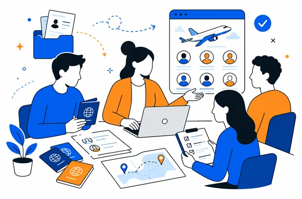 Flat semi-flat vector illustration of a travel coordinator organizing group ETA application details for Kenya, abstract faceless characters, laptops, passports, itinerary sheets, calm organized atmosphere, minimal background, Aid-Air palette.