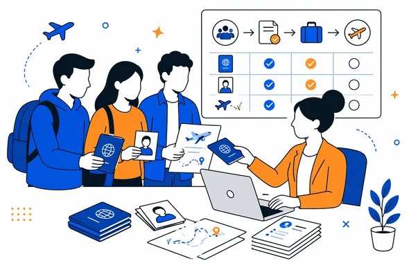 Clean modern vector illustration of a travel agency coordinator collecting passports, photos and itinerary details for a group trip, abstract faceless characters, organized workflow board, minimal background, Aid-Air palette.