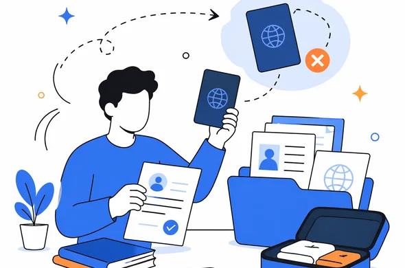 Flat semi-flat vector illustration of travel documents being reorganized after a lost passport, calm modern tech style, faceless abstract characters, minimal background, Aid-Air palette