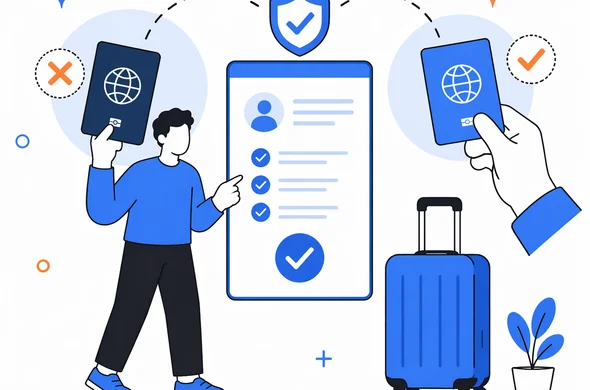 Flat semi-flat vector illustration comparing old and new passport against a digital travel authorization, clean modern tech feel, faceless abstract characters, minimal background, Aid-Air palette