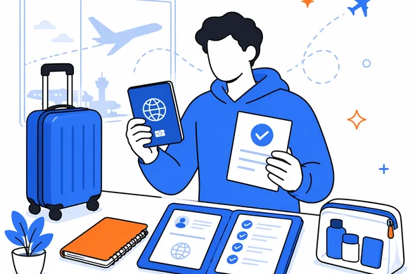 Flat semi-flat vector illustration of a traveler preparing for flight with a new passport and organized approvals, calm organized atmosphere, faceless abstract characters, minimal background, Aid-Air palette