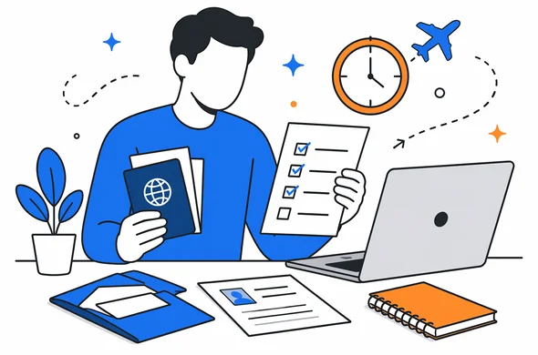 Flat semi-flat vector illustration, traveler organizing documents for a last-minute Kenya ETA application, laptop, passport, checklist, calm modern tech atmosphere, faceless abstract characters, minimal background, Aid-Air palette