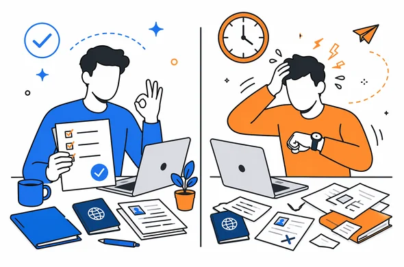 Flat semi-flat vector comparison scene, one side organized checklist and documents, other side rushed traveler with clock, clean modern tech feel, faceless abstract characters, calm organized atmosphere, minimal background, Aid-Air palette