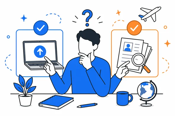 Flat semi-flat vector illustration of calm decision making before urgent travel, traveler choosing between submit now and review documents, modern clean tech style, faceless abstract characters, minimal background, Aid-Air palette