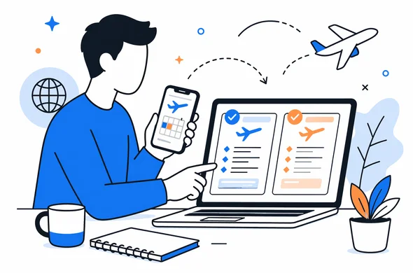 Flat semi-flat vector illustration of a traveler comparing approved Kenya ETA details with updated flight dates on a laptop and phone, clean modern tech feel, faceless abstract characters, calm organized atmosphere, minimal background, Aid-Air palette
