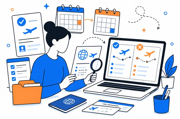 Flat semi-flat vector illustration of organized travel documents, approved ETA, calendar changes, flight itinerary comparison on screen, faceless abstract characters, clean modern tech feel, calm atmosphere, minimal background, Aid-Air palette