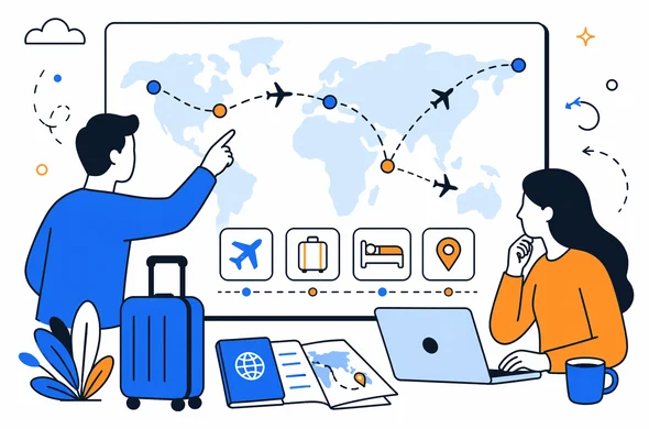 Flat semi-flat vector illustration of a complex Kenya travel itinerary planning board with connecting flights, maps, calm organized layout, faceless abstract characters, clean modern tech feel, minimal background, Aid-Air palette