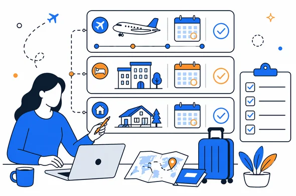 Flat semi-flat vector illustration of matching flights dates and accommodation details for Kenya trip, neat checklist, faceless abstract characters, calm organized atmosphere, clean modern tech feel, minimal background, Aid-Air palette