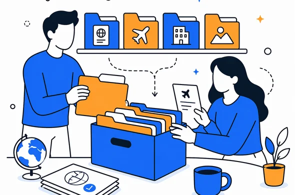 Flat semi-flat vector illustration, clean modern tech feel, faceless abstract characters arranging labeled travel folders for Kenya trips, ETA documents flights and accommodation, calm organized atmosphere, minimal background, Aid-Air palette.