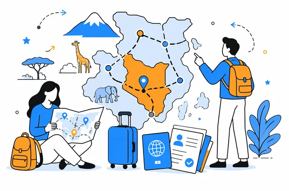 Flat semi-flat vector illustration of a multi-country East Africa safari itinerary centered on Kenya, with abstract map paths, luggage, documents, calm organized atmosphere, faceless abstract characters, minimal background, Aid-Air palette