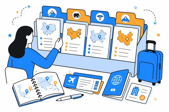 Flat semi-flat vector illustration of organized travel documents sorted by countries and border crossings, itinerary notes, tickets and hotel confirmations, faceless abstract characters, clean modern tech feel, minimal background, Aid-Air palette