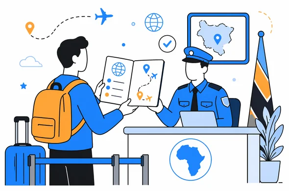 Flat semi-flat vector illustration of a traveler calmly presenting an organized itinerary at Kenya entry point, abstract documents and route icons, faceless abstract characters, clean modern tech feel, minimal background, Aid-Air palette