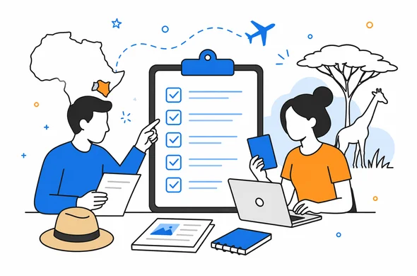 Flat semi-flat vector illustration, clean modern tech feel, faceless abstract characters organizing safari travel documents for Kenya ETA, calm organized atmosphere, minimal background, Aid-Air palette.