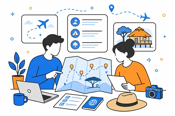 Flat vector travel planning scene, abstract faceless characters reviewing itinerary, flights and lodge bookings for organized safari tour, clean modern tech style, minimal background, Aid-Air palette.