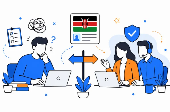 Flat modern vector illustration comparing self-service application vs guided assistance for Kenya ETA, faceless abstract characters, calm organized workspace, minimal background, Aid-Air palette