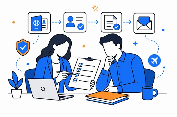 Clean semi-flat vector scene of organized guided application process for Kenya ETA, abstract faceless people, checklist and document review, calm professional atmosphere, minimal background, Aid-Air palette